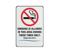 Panneau d'avertissement « Smoking Is Allowed In This Area During These Times Only » - Panneau de sécurité extérieur 30,5 x 20,3 cm