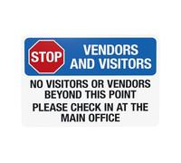 Panneau d'avertissement « Stop Visitors And Vendors No Visitors Or Vendors Beyond This Point Please Check In » - Panneau en métal pour la maison, le bureau - Décoration murale de sécurité - 30,5 x