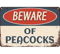 Panneau d'avertissement vintage en métal avec inscription « Beware Of Peacocks » pour jardin, cour, cafés, bars, pubs, magasins, décoration murale amusante et rétro pour homme et femme, 20,3 x 30,5 cm