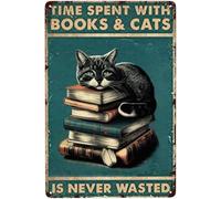 Panneau de bar à café Black Cat : le temps passé avec les livres et les chats n'est jamais gaspillé. Affiche rétro en étain pour décoration de ferme, de maison et de bureau, art mural en métal, cadea
