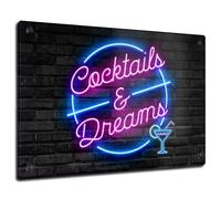 Panneau de bar en métal Cocktails & Dreams | Logo cocktail rose fluo | Accessoires de bar à la maison Décoration de cocktail Cadeau de bar