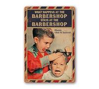 Panneau de barbier - Affiche murale vintage en métal pour salon de coiffure - Décoration murale de barbier pour homme - Inscription « What Happens At The Barbershop Stays At The Barbershop » - 30,5 x