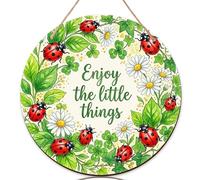Panneau de bienvenue coccinelle pour porte d'entrée, chrysanthème naturel, trèfle printanier, panneau de porte de bienvenue en bois vert pour porche, décoration extérieure, porche et entrée