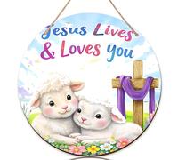 Panneau de bienvenue d'agneau pour porte d'entrée, croix fantaisie, fleurs de Pâques, pastel, bois de pêche, panneau de bienvenue pour maison, appartement, décoration de porte extérieure, entrée