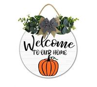Panneau de bienvenue d'automne en bois « Welcome to Our Home » - Couronne de porte rustique à suspendre - 30 x 30 cm - Décoration de porche d'automne