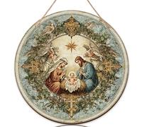 Panneau de bienvenue de la Nativité pour porte d'entrée, anges religieux de Noël, croix de Noël, bois doré, panneaux de bienvenue, décorations de porte d'entrée, porche extérieur, lot de 1