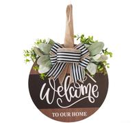 Panneau de bienvenue en bois de style traditionnel avec couronne de printemps, nœud et décorations de fleurs artificielles pour entrée (bienvenue)