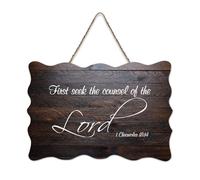 Panneau de bienvenue en bois rustique 1 Chronicles 18:14 First Seek The Counsel of The Lord pour porte d'entrée, porche, décoration murale, panneau en bois pour école, salle de classe, café, maison