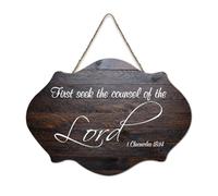 Panneau de bienvenue en bois rustique 1 Chronicles 18:14 First Seek The Counsel of The Lord pour porte d'entrée, porche, décoration murale, panneau en bois pour école, salle de classe, café, maison
