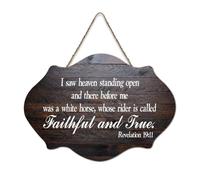 Panneau de bienvenue en bois rustique avec inscription « I Saw Heaven Standing Open And There Before Me Was A White Horse, Whose Rider Is Ca » - Panneau de bienvenue en bois rustique pour porte de