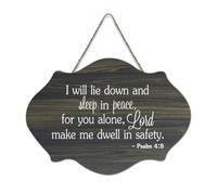 Panneau de bienvenue en bois rustique « I Will Lie Down And Sleep in Peace for You Alone Lord Make Me Dwell in Safety » 4:8 - Panneau de bienvenue en bois rustique pour porte d'entrée, porche