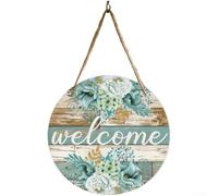 Panneau de bienvenue en bois simple face imprimé floral printemps été saisonnier décoration à suspendre pour porte d'entrée, porche, jardin, terrasse, entrée de maison rustique, bleu sarcelle, 20 x 20