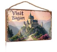 Panneau de bienvenue en bois Visit Bagan : un château de conte de fées au milieu de montagnes pittoresques - Décoration murale amusante (23 x 35 cm)