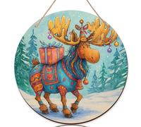 Panneau de bienvenue en forme d'élan pour porte d'entrée, coffret cadeau festif de Noël, chapeau, décoration de porte en bois bleu, panneau à suspendre pour porche et entrée