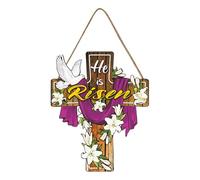 Panneau de bienvenue He Is Risen - Décoration de Pâques en bois, panneau sur le thème religieux de Jésus, décoration florale saisonnière intérieure et extérieure | Décorations de Pâques pour salle à m