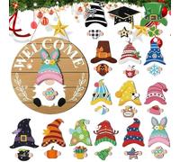 Panneau de bienvenue interchangeable avec nain de bienvenue - Cintre de porte saisonnier | Décoration de porche de ferme | Avec 30 pièces magnétiques, chapeaux amovibles pour Halloween et Noël