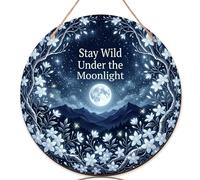 Panneau de bienvenue lune pour porte d'entrée, fleurs naturelles nocturnes, étoiles, panneau de bienvenue en bois bleu nuit, décoration extérieure pour appartement