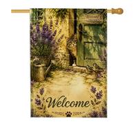 Panneau de bienvenue motif chat et lavande 71,1 x 101,6 cm | Chat tigré, drapeau de cour, fleurs de lavande, arrosoir rustique, thème rustique, esthétique de ferme