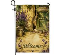 Panneau de bienvenue motif chat et lavande aquarelle drapeau de jardin 30,5 | Chat tigré, drapeau de cour, fleurs de lavande, arrosoir rustique, thème rustique, esthétique de ferme