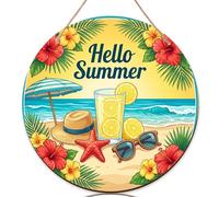 Panneau de bienvenue parapluie pour porte d'entrée, chapeau de cocktail tropical d'été, panneau de porte d'entrée en bois jaune, belle décoration d'intérieur