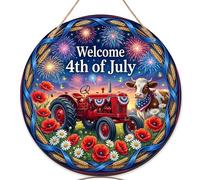 Panneau de bienvenue pour porte d'entrée, motif vache rurale festive, coquelicots, 4 juillet, en bois rouge, décoration à suspendre pour la maison