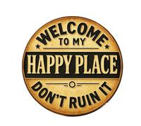 Panneau de bienvenue pour porte d'entrée - Plaque ronde rustique en métal « Welcome to My Happy Place » - 20 x 20 cm - Décoration murale pour maison, salle de sport, café, salle de jeux, bar, cuisine