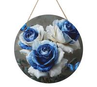 Panneau de bienvenue rond en bois avec roses bleues et blanches, 30 cm