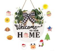 Panneau de bienvenue rond rustique en bois avec panneaux de porte d'entrée saisonniers interchangeables, fabriqué à partir de buis pour ajouter du charme saisonnier à l'entrée de la maison (blanc)