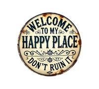 Panneau de bienvenue rond vintage en métal - Décoration de jardin « Welcome to My Happy Place », panneau mural rond en métal résistant aux intempéries | Pour porte d'entrée, porche, terrasse, jardin