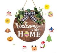 Panneau de bienvenue saisonnier interchangeable pour porte d'entrée, décor rustique rond en bois, 30,5 x 30,5 cm, ensemble marron/noir/blanc (marron)