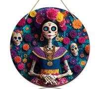 Panneau de bienvenue squelette pour porte d'entrée, jour des morts, art mexicain, fleurs, crânes, Halloween, bois bleu, panneau de bienvenue pour décoration extérieure