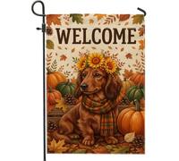 Panneau de bienvenue Teckel d'automne Drapeau de jardin 30,5 x 45,7 cm | Tournesol royal, drapeau de pelouse, écharpe à carreaux, citrouilles et pommes de pin, feuillage d'automne