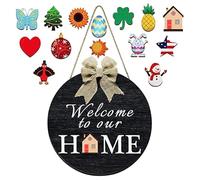 Panneau de bienvenue « Welcome to Our Home » DIY Plaque de porte en bois avec symboles saisonniers interchangeables Fait à la main Couronne de porte Alternative au changement selon la saison
