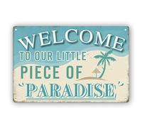 Panneau de bienvenue « Welcome to Our Little Piece of Paradise » pour porte d'entrée, panneau en métal vintage pour maison, piscine, rivière, plage, ferme, jardin, décoration murale amusante, 30,5 x