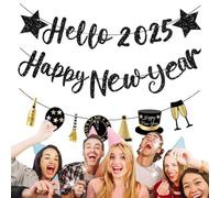 Panneau de bonne année, bannière de bonne année 2025 - Décorations de réveillon du Nouvel An à paillettes | Bannière de bonne année en or noir pour l'extérieur, bannières de noël et du nouvel an