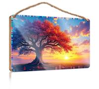 Panneau de bureau amusant « A Vibrant Tree with Colorful Leaves Against A Sunset Sky Backyard Decor » (15 x 28 cm)