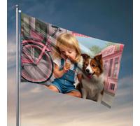 Panneau de chambre universitaire « A Child Enjoys Ice Cream With A Dog By A Pink Bicycle » Décoration pour la cuisine Cool Stuff pour garçons (30 x 45 cm)