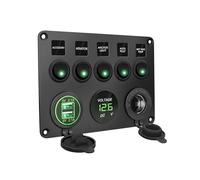 Panneau de commande à 5 prises : prise 12 V, chargeur double USB 4,2 A, voltmètre numérique à LED et interrupteur à bascule for camion, camping-car et bateau.(Green Switch Panel)