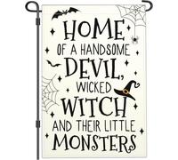 Panneau de cour d'Halloween à 3 plis - Drapeau de jardin double face en polyester - Drapeau diable et sorcière - Pour l'extérieur - Pour maison, fête, vacances