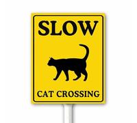 Panneau de croisement de chat avec piquet, panneau « Slow Down for Cats », panneau de croisement de chat pour route - Panneau de ralentissement - Noir en jaune - Panneau de cour en métal robuste