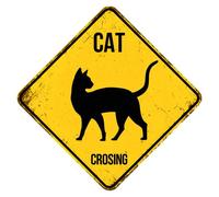 Panneau de croisement rustique Cat Xing pour cour, jardin, ferme, circulation routière, plaque amusante en métal résistant à la décoloration, texte noir avec fond jaune, 30 x 30 cm