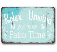 Panneau de décoration de maison, décoration de grotte d'homme, panneau de bar amusant, panneau de décoration extérieure amusante « Relax Unwind You're On Patio Time » en métal aluminium 15,2 x 20,3 cm