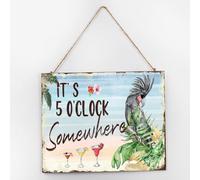 Panneau de décoration de table vintage « It's Five O'clock Somewhere » - Panneau en bois rétro - Perroquet coloré - Décoration murale en bois pour table, porche, 25,4 x 30,5 cm