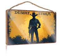 Panneau de décoration murale amusante - Tempête du désert : le cowboy silencieux avec revolver - Panneau en bois - Décoration de salle de bain amusante - Décoration de porte d'automne (23 x 35 cm)