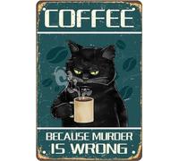 Panneau de décoration murale « Coffee Because Murder is Wrong », panneau en étain drôle de chat noir, affiche rétro vintage, peinture de chat mignon et café, décoration de maison, chambre à coucher, s