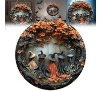 Panneau de décoration murale en bois à suspendre pour porte d'Halloween, panneau de porte rond créatif en bois, motif de sorcière 2D, design unique avec cinq sorcières pour décorations de portes (1