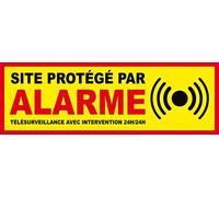Panneau de Dissuasion SITE PROTEGE PAR ALARME 225 x 75 mm en PVC + 4 trous pour fixation avec texte : Télésurveillance avec Intervention 24H/24H (Panneau Alarme)