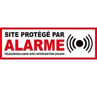 Panneau de Dissuasion SITE PROTEGE PAR ALARME 225 x 75 mm en PVC + 4 trous pour fixation avec texte : Télésurveillance avec Intervention 24H/24H (Panneau Alarme)