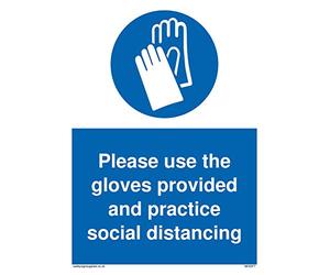 Panneau de distanciation sociale en plastique rigide de 3 mm avec inscription « Please use the gloves provided and practice ».