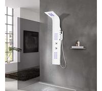 Panneau de douche aluminium blanc 20x44x130 cm avec jets massage hydrothérapie réglables, douche à main, éclairage LED, robinetterie thermostatique et installation facile mural